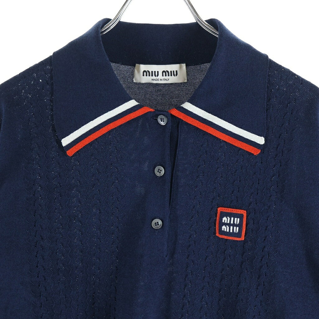 miumiu(ミュウミュウ) シルクニット クロップド 半袖ポロシャツ ネイビー MML676