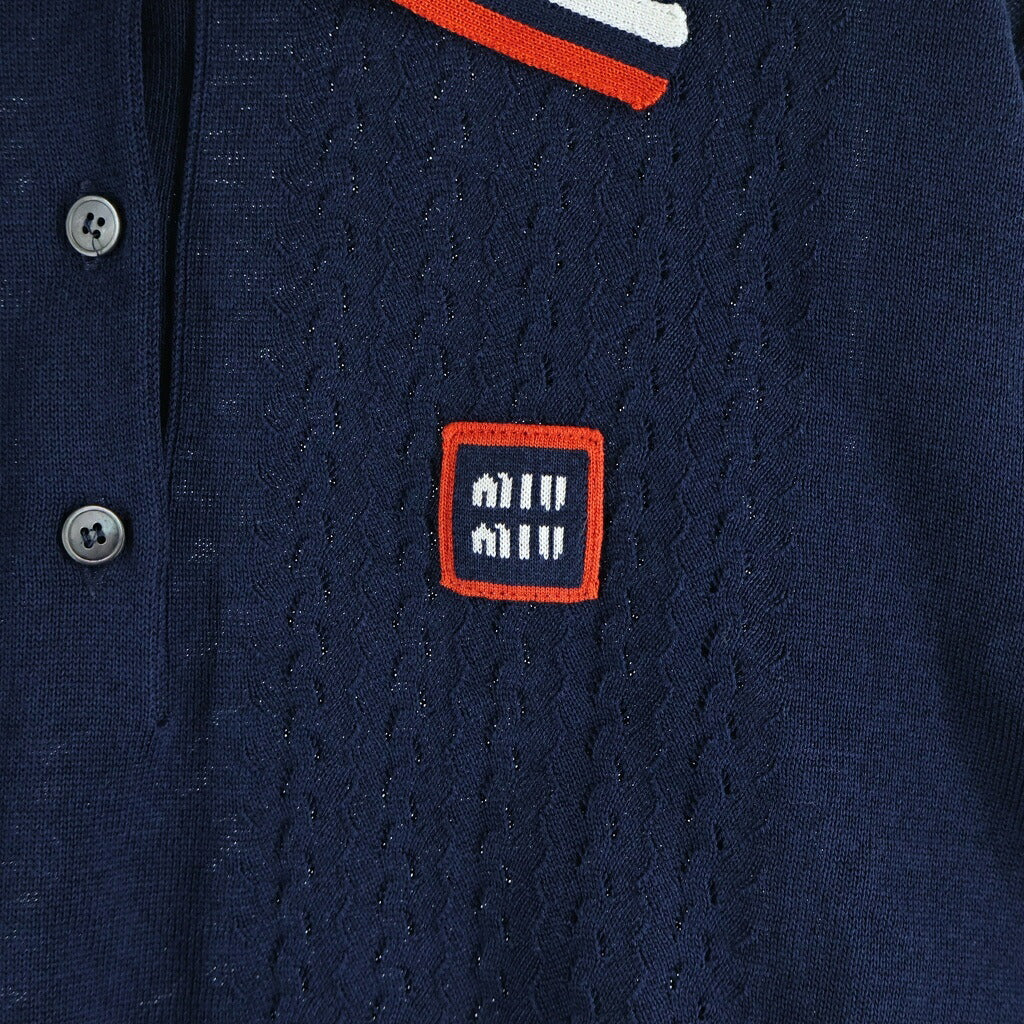 miumiu(ミュウミュウ) シルクニット クロップド 半袖ポロシャツ ネイビー MML676