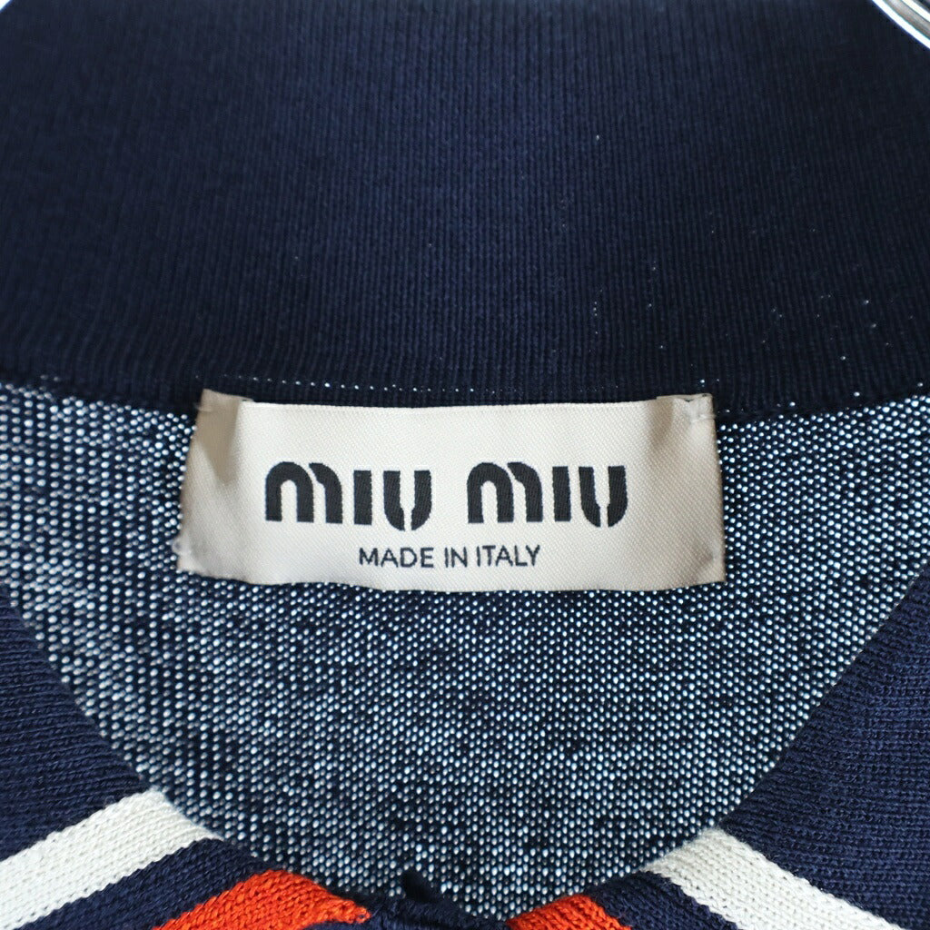 miumiu(ミュウミュウ) シルクニット クロップド 半袖ポロシャツ ネイビー MML676