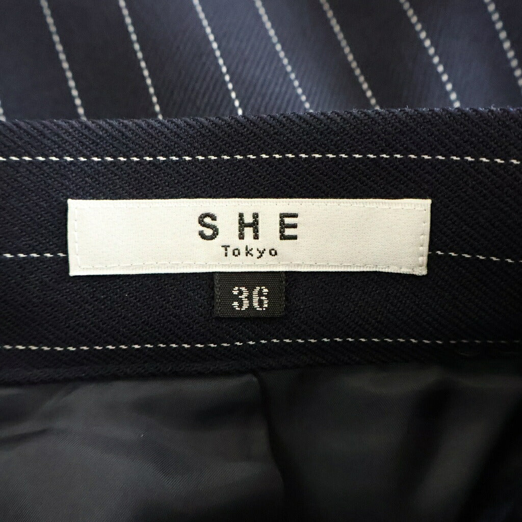NO BRAND(ノーブランド) SHE TOKYO(シートーキョー) ピンストライプ ギャザー切替 ロングフレアスカート ネイビー レディース S-SK-293