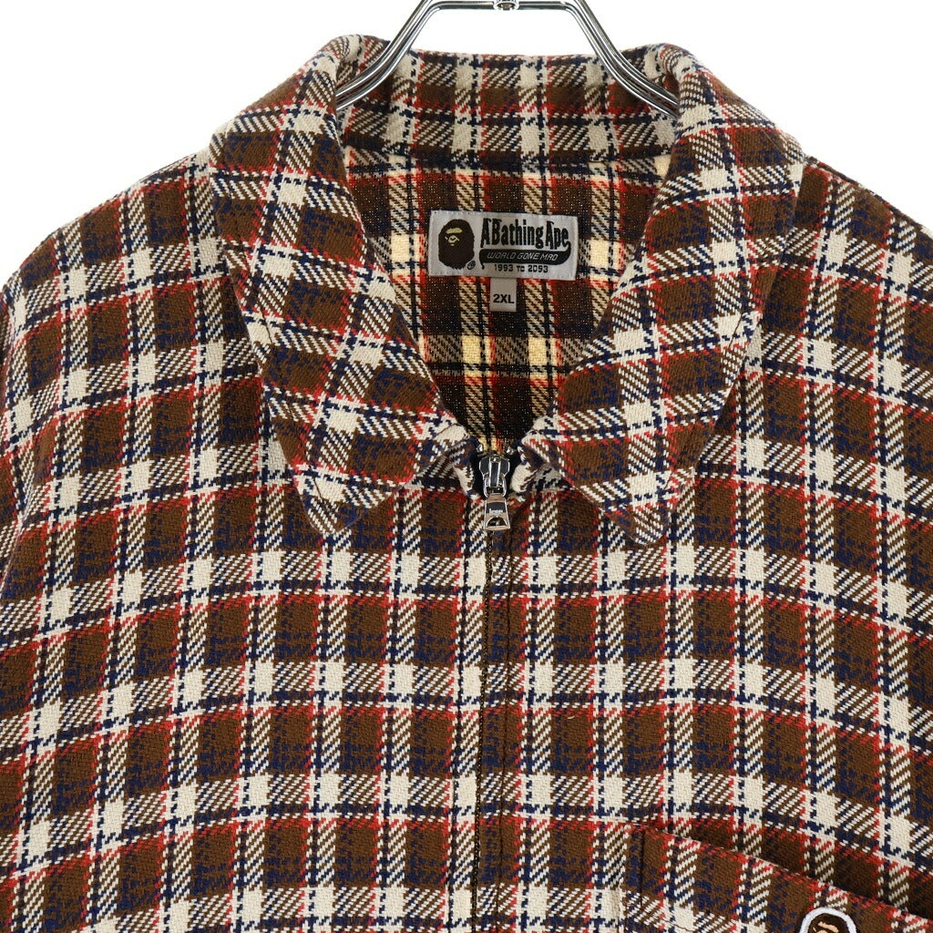A BATHING APE(アベイシングエイプ) BAPE CHECK ZIP SHIRT ロゴワッペン チェック柄 コットンジップアップジャケット ブラウン 001SHM301004M