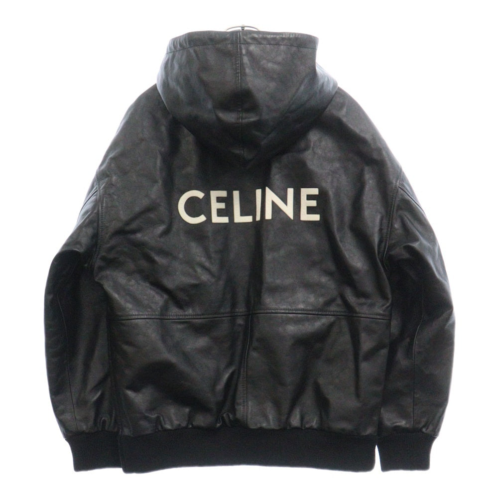 CELINE(セリーヌ) 21AW バックロゴ オーバーサイズ カーフスキン レザーフーディ ジャケット ブラック/カーキ 2E9761950