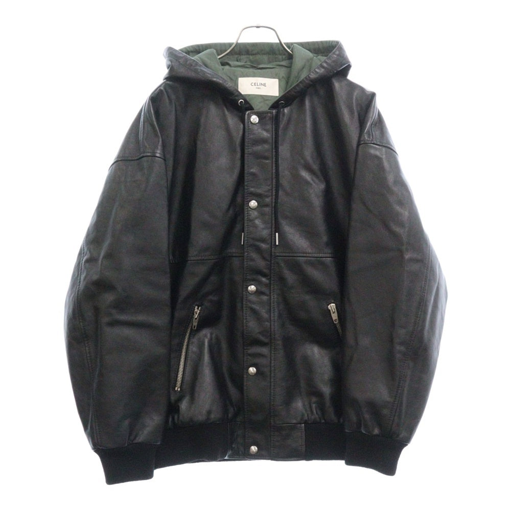 CELINE(セリーヌ) 21AW バックロゴ オーバーサイズ カーフスキン レザーフーディ ジャケット ブラック/カーキ 2E9761950