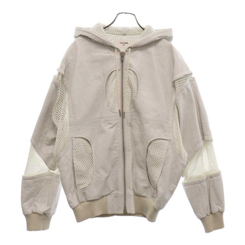 CELINE(セリーヌ) 22SS Mesh Hooded Jacket メッシュインサート付きシースルーレザージャケット フーテッドブルゾン ホワイト 2EB30577H
