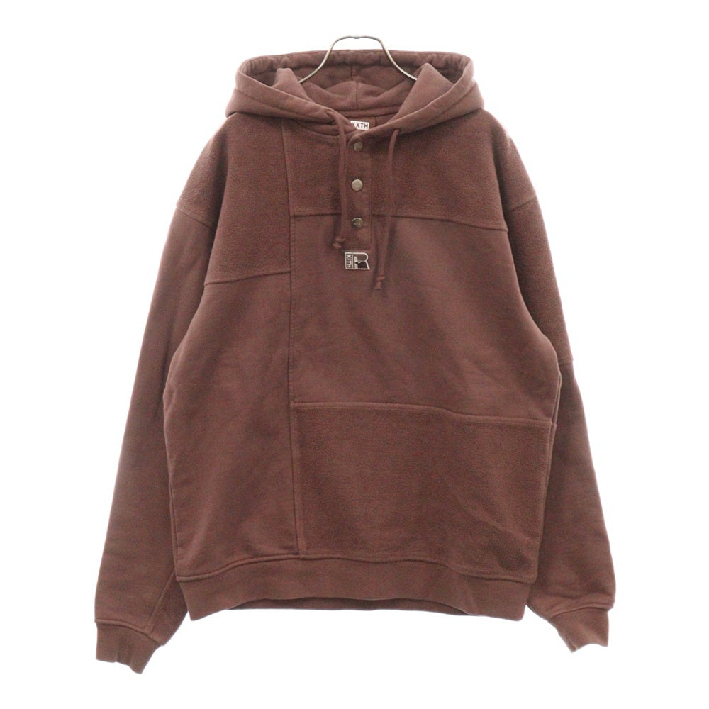 KITH(キス) 21AW ×RUSSELL ATHLETIC PATCHWORK WILLIAMS 3 HOODIE ラッセル アスレッチク フロントボタン スウェット プルオーバーパーカーブラウン