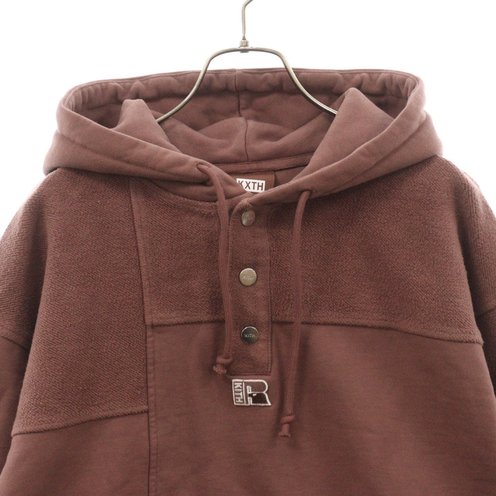 KITH(キス) 21AW ×RUSSELL ATHLETIC PATCHWORK WILLIAMS 3 HOODIE ラッセル アスレッチク フロントボタン スウェット プルオーバーパーカーブラウン