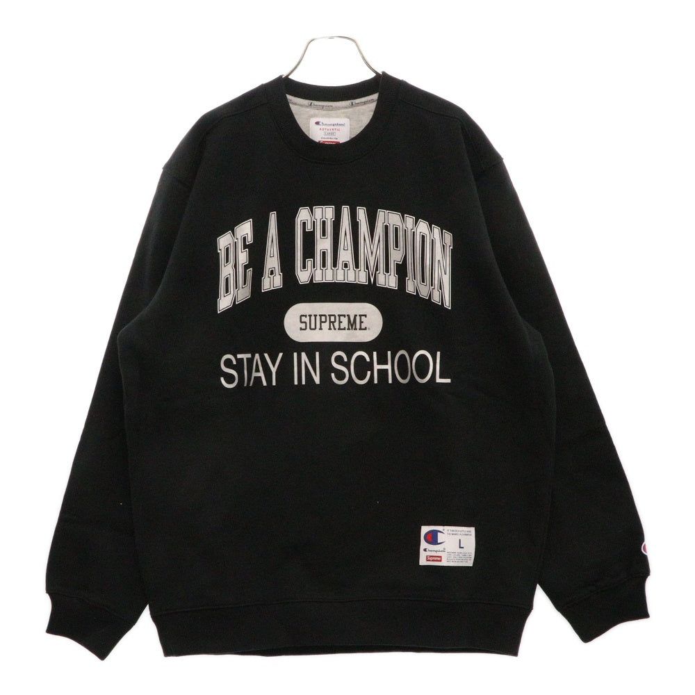 SUPREME(シュプリーム) 18SS Champion Stay In School Crew Neck Sweatshirt メタリックロゴプリントクルーネックスウェットトレーナー ブラック