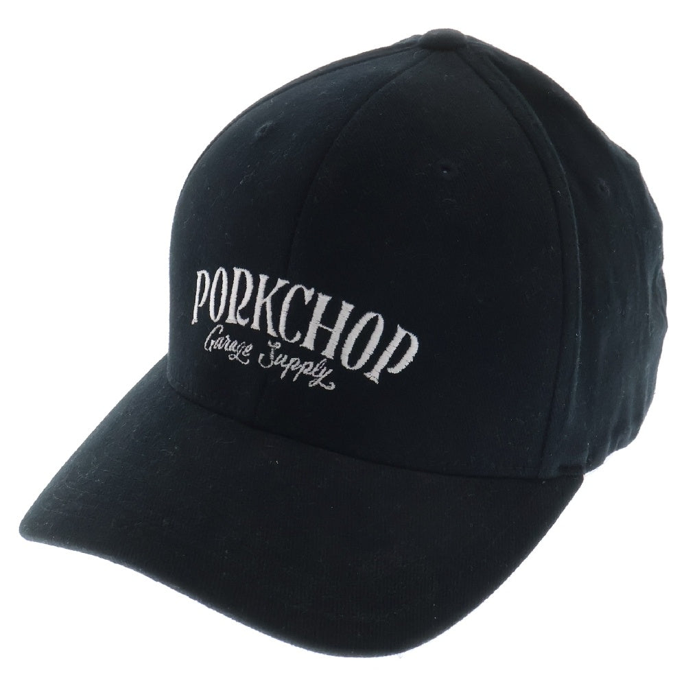 PORKCHOP(ポークチョップ) ロゴ刺繍 フレックスフィット ベースボールキャップ 帽子 ブラック