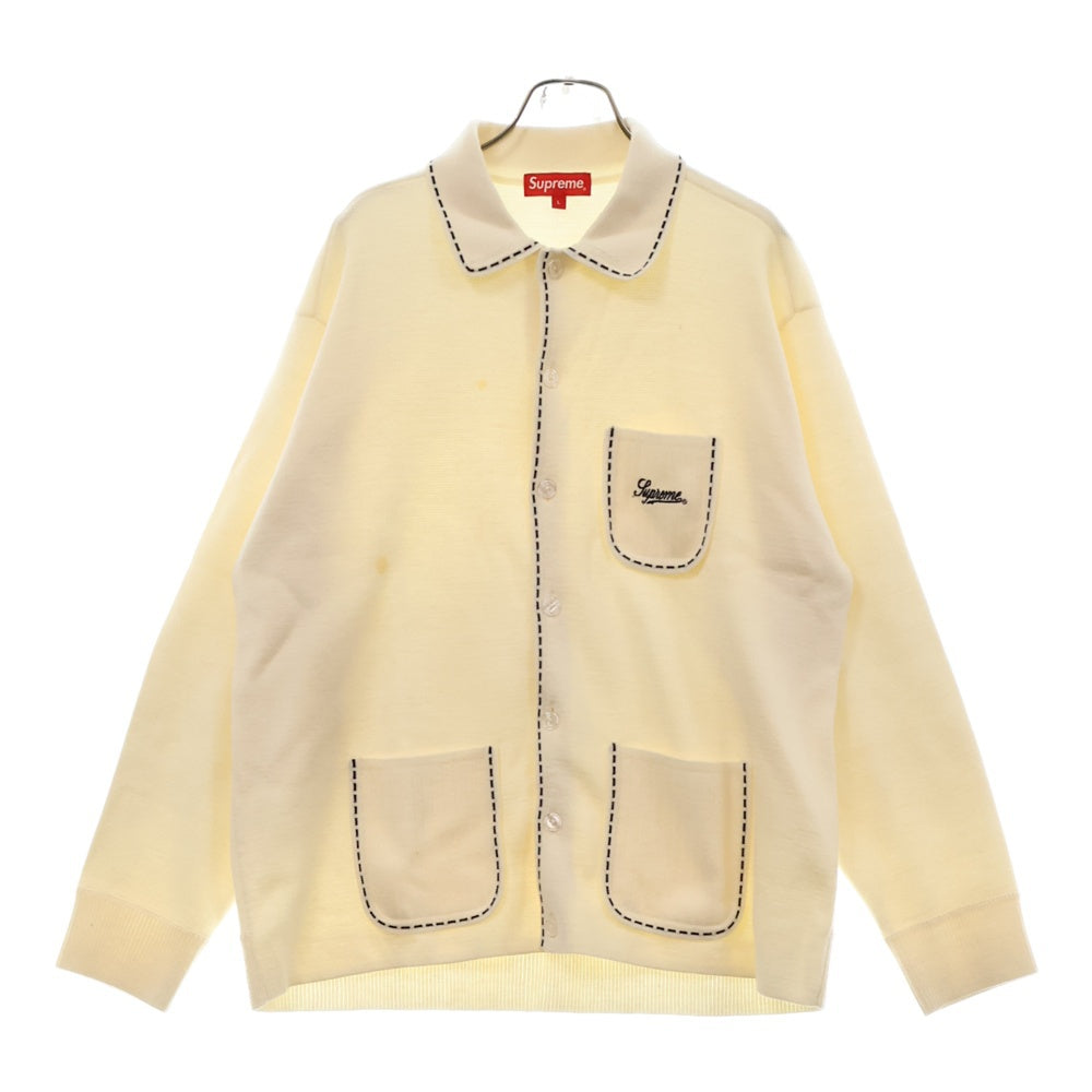SUPREME(シュプリーム) 22AW Contrast Stitch Button Up コントラスト ステッチ ボタン アップ ロゴ刺繍カーディガン 襟付きニットシャツ アイボリー