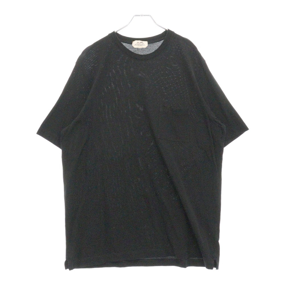 HERMES(エルメス) H刺繍 ポケット付き コットン クルーネック 半袖Tシャツ カットソー ブラック