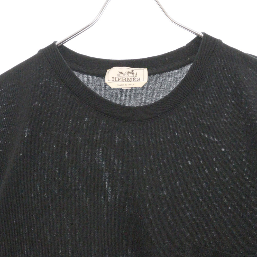HERMES(エルメス) H刺繍 ポケット付き コットン クルーネック 半袖Tシャツ カットソー ブラック