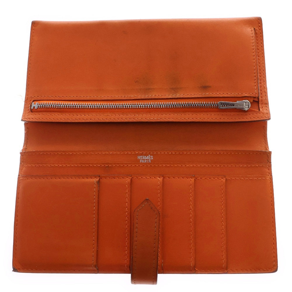 HERMES(エルメス) ベアンスフレ ボックスカーフ ロングウォレット 二つ折り長財布 オレンジ □F刻印 シルバー金具