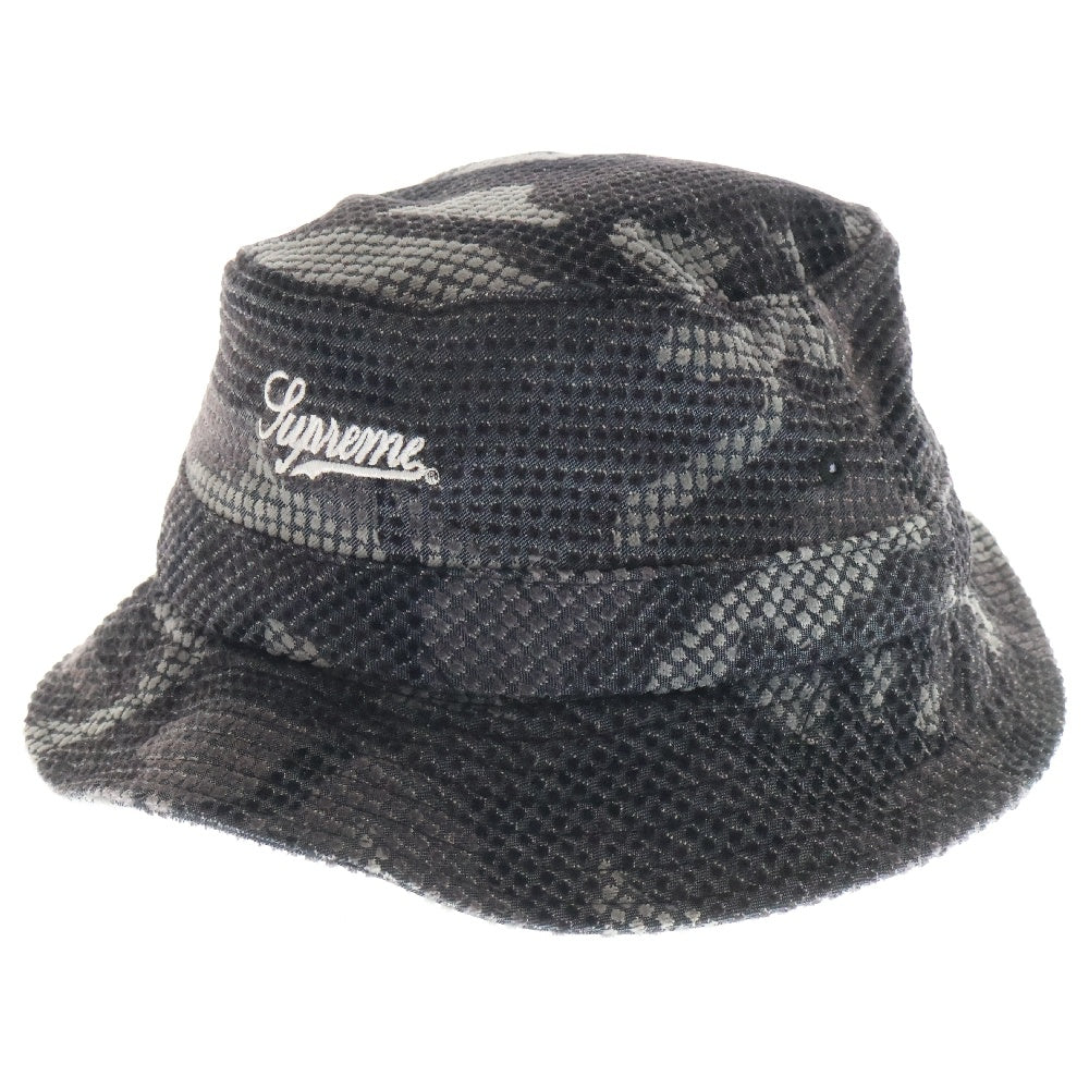 SUPREME(シュプリーム) 22AW Camo Grid Velvet Crusher カモフラ グリッド ベルベット ロゴ刺繍 バケットハット 帽子 ブラック/グレー
