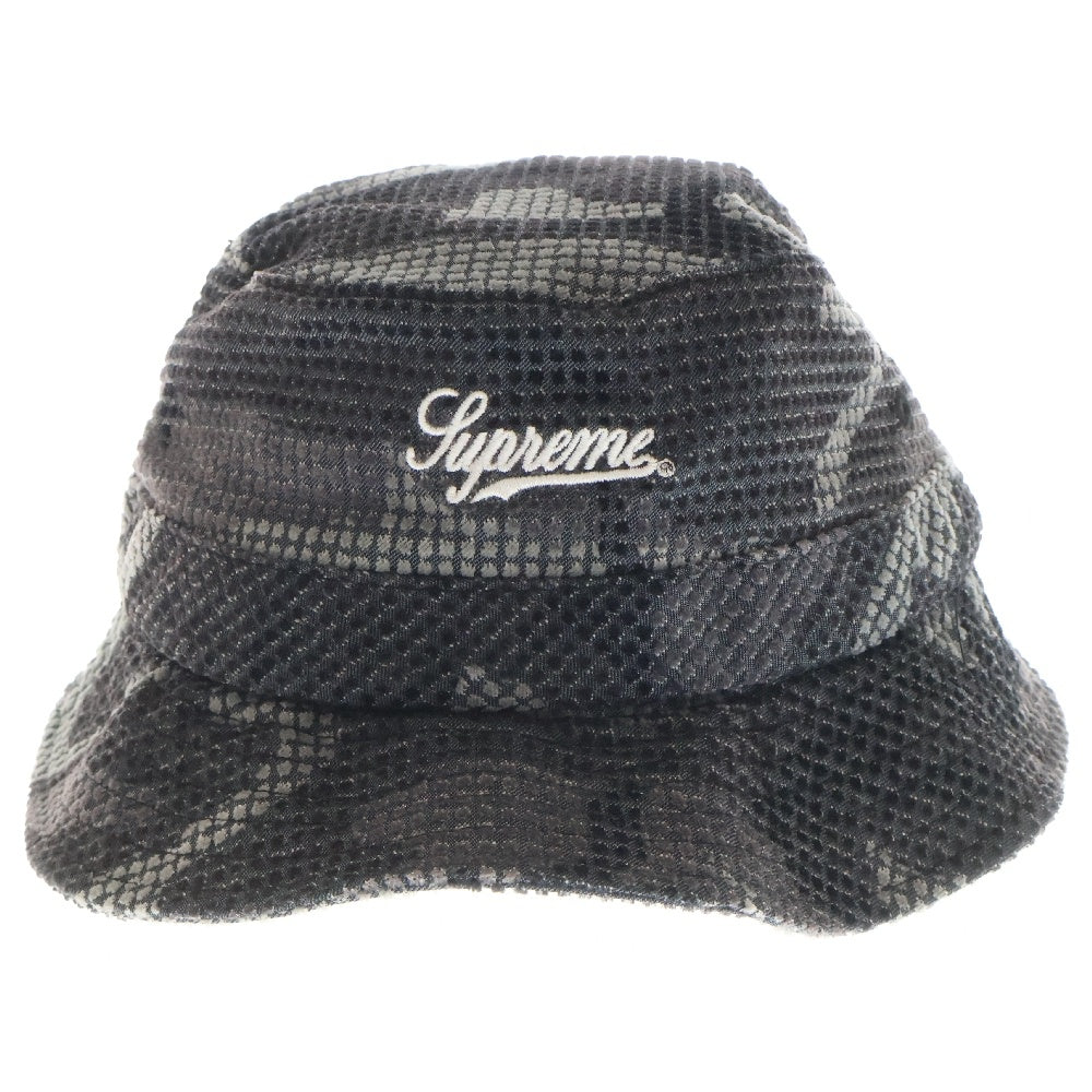 SUPREME(シュプリーム) 22AW Camo Grid Velvet Crusher カモフラ グリッド ベルベット ロゴ刺繍 バケットハット 帽子 ブラック/グレー