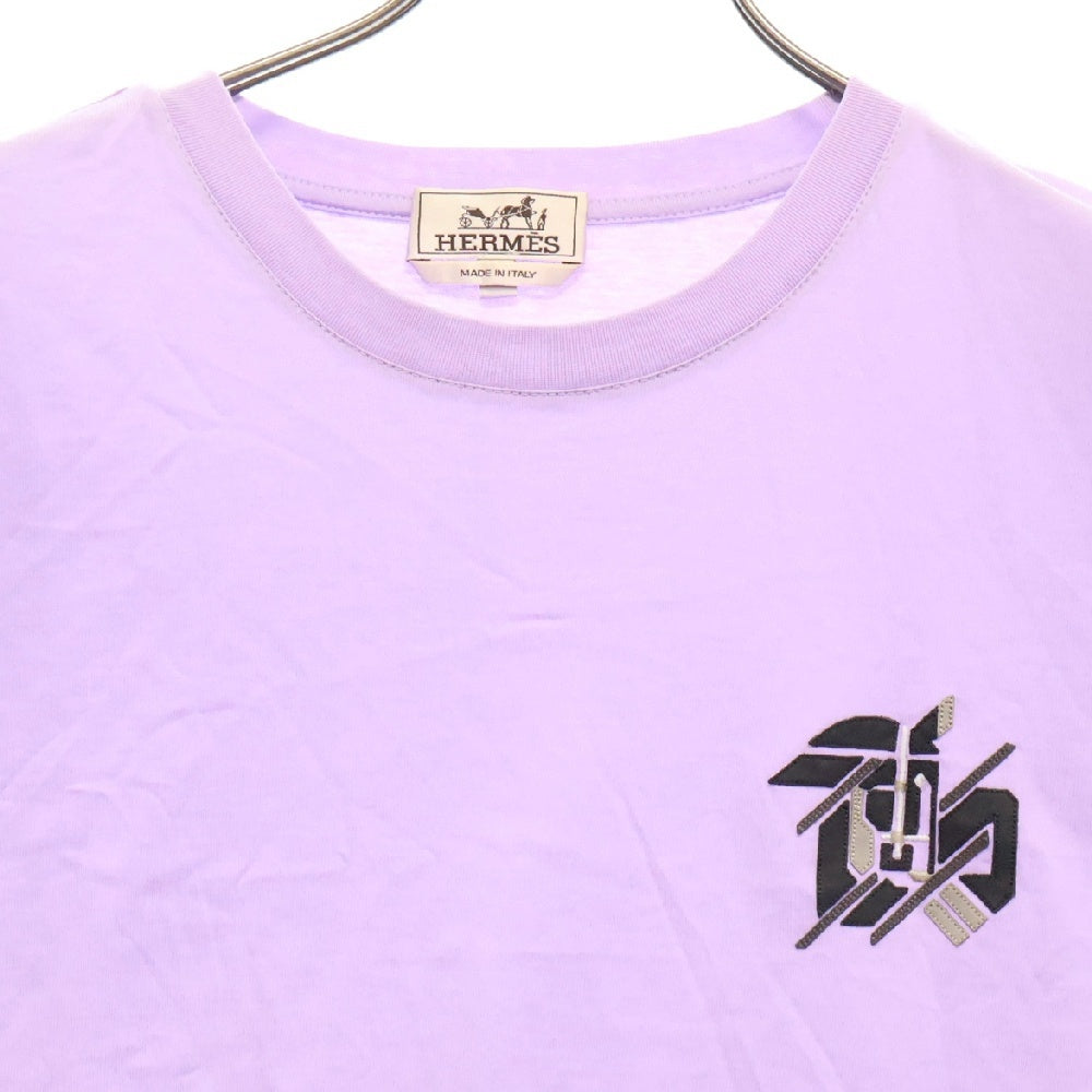 HERMES(エルメス) 23SS T-shirt Mini Patch Cuir ミニレザーパッチ刺繍 クルーネック 半袖Tシャツ カットソー パープル