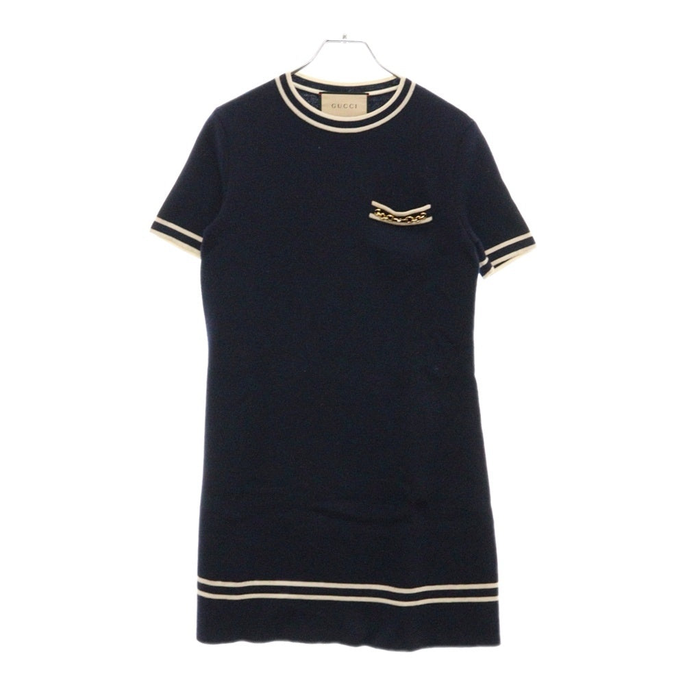 GUCCI(グッチ) GGチェーン装飾 ケーブルニット ノースリーブ ワンピース ドレス レディース ネイビー 658350 XKBVO