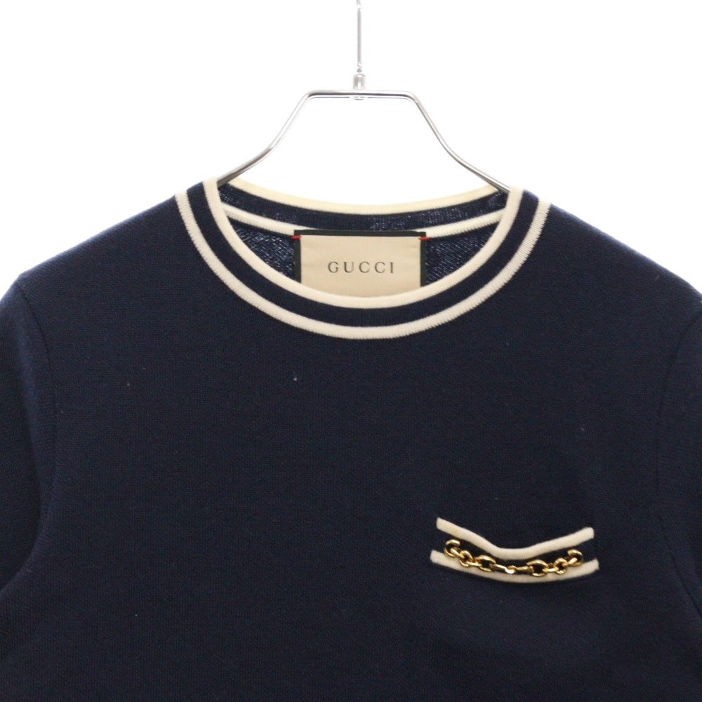 GUCCI(グッチ) GGチェーン装飾 ケーブルニット ノースリーブ ワンピース ドレス レディース ネイビー 658350 XKBVO