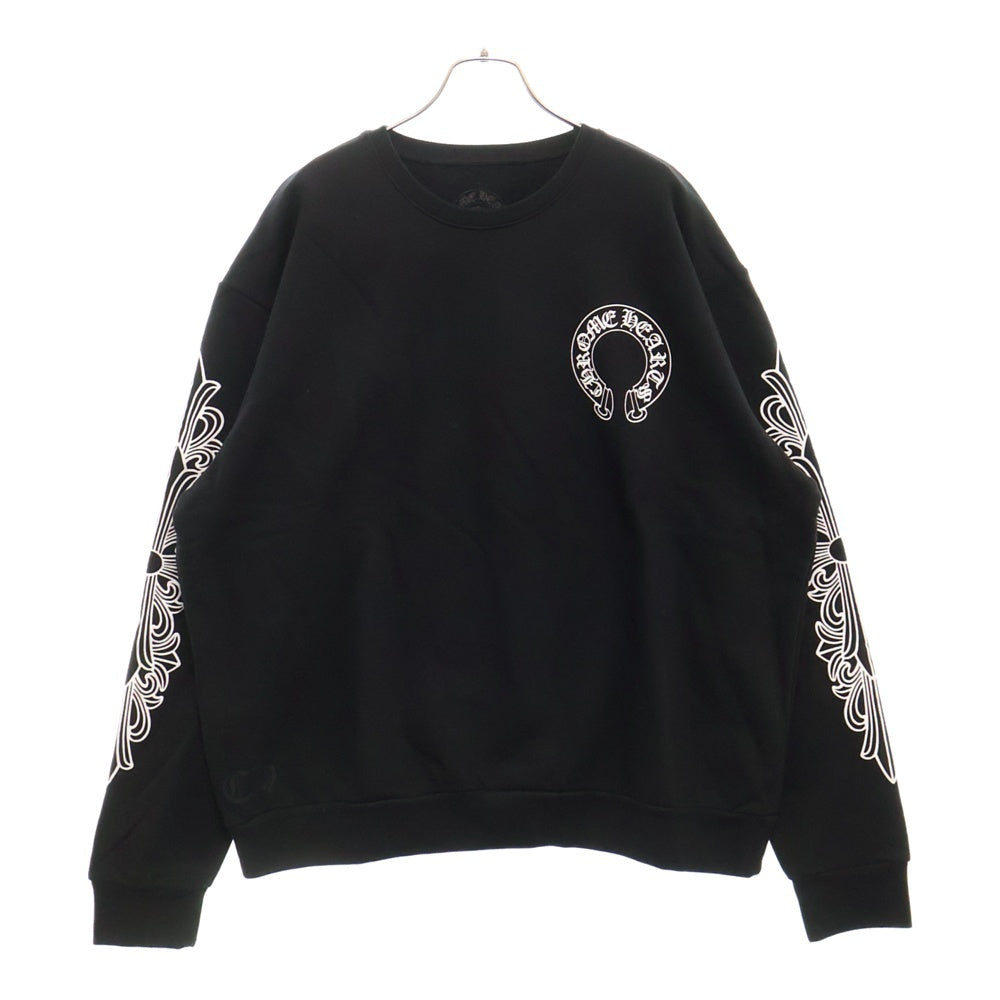 CHROME HEARTS(クロムハーツ) Horseshoe Crewneck Sweatshirt ホースシュープリント 袖フローラル クルーネックスウェットトレーナー ブラック