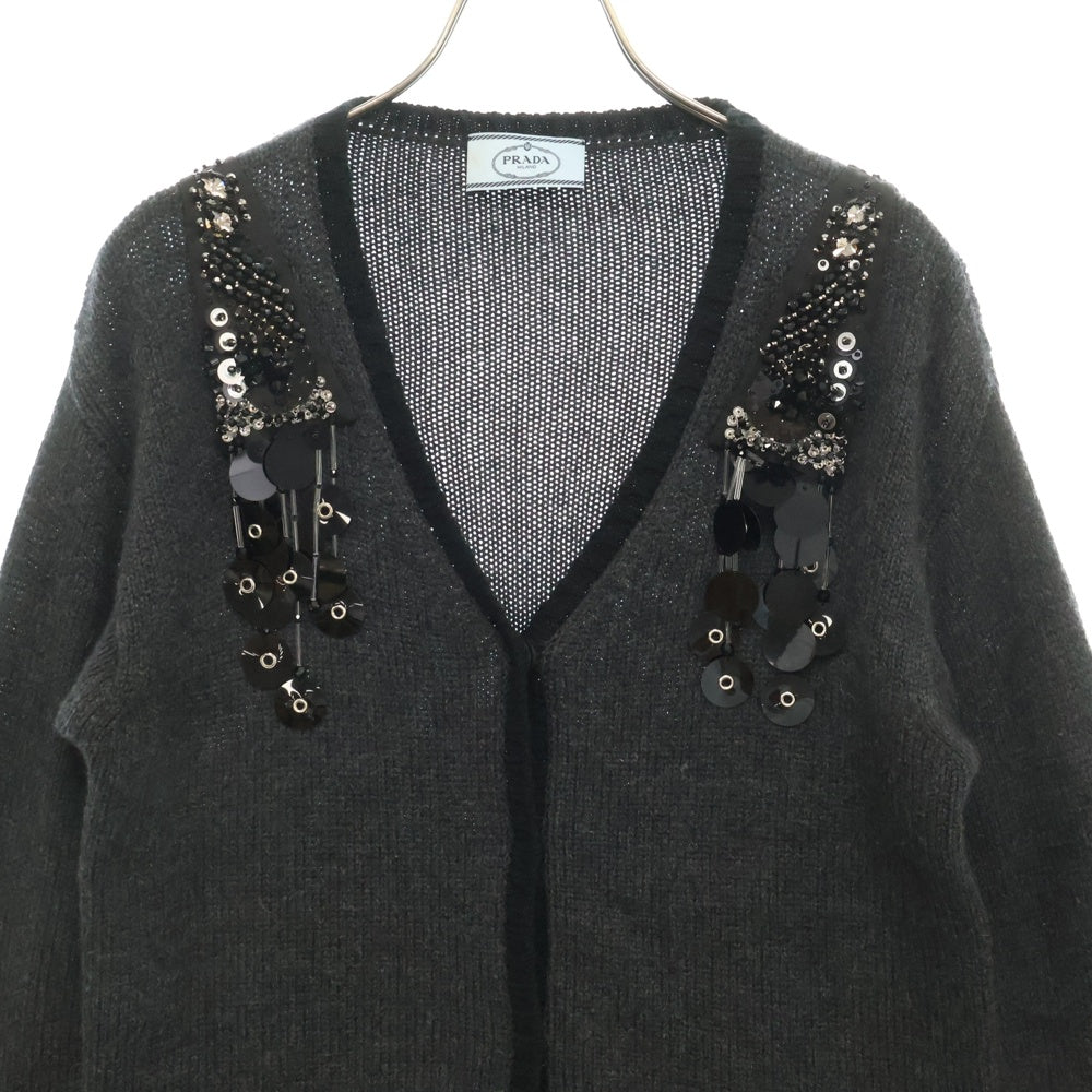 PRADA(プラダ) ビジュー ラインストーン 装飾 カシミヤ ニット カーディガン グレー レディース P25E27 S161