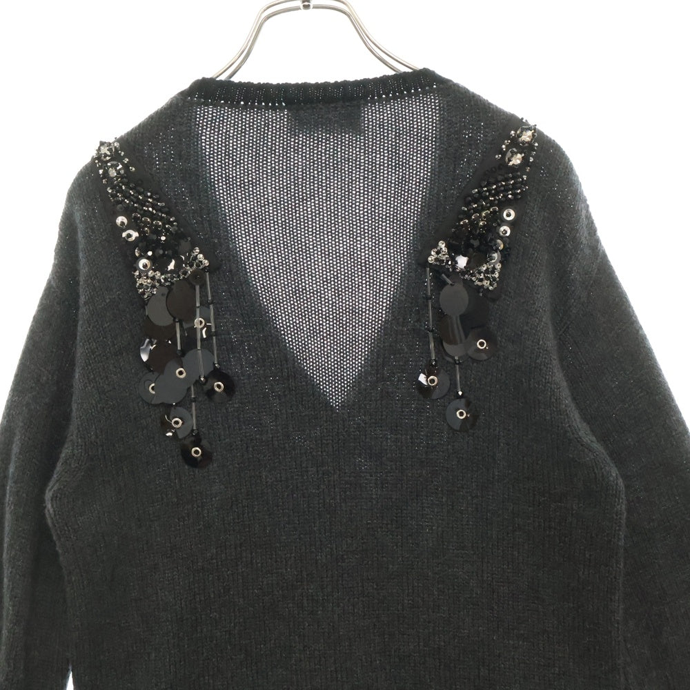 PRADA(プラダ) ビジュー ラインストーン 装飾 カシミヤ ニット カーディガン グレー レディース P25E27 S161