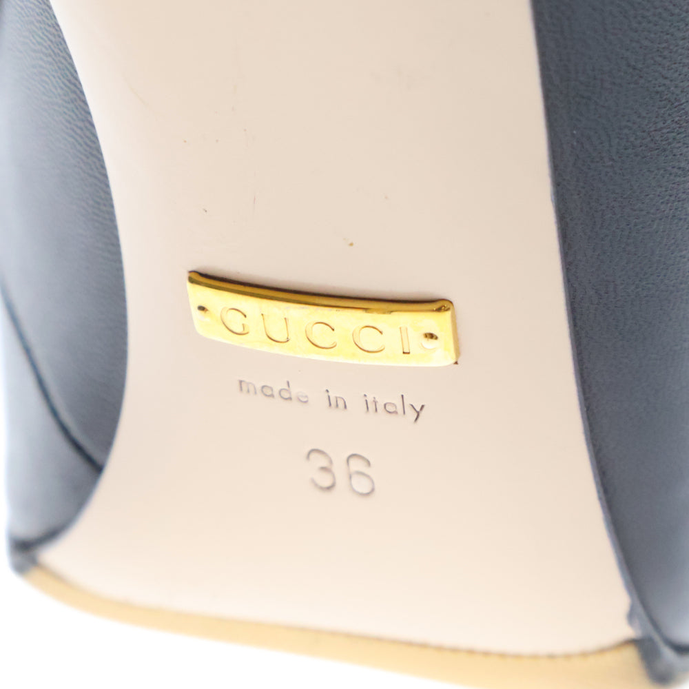 GUCCI(グッチ) ポインテッドトゥ ボタン ストラップ レザー ヒール パンプス ブラック レディース
