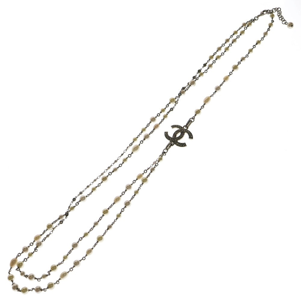 CHANEL(シャネル) 20SS ココマーク ラインストーン パール 2連 ロング ネックレス シルバー/ホワイト レディース C20S