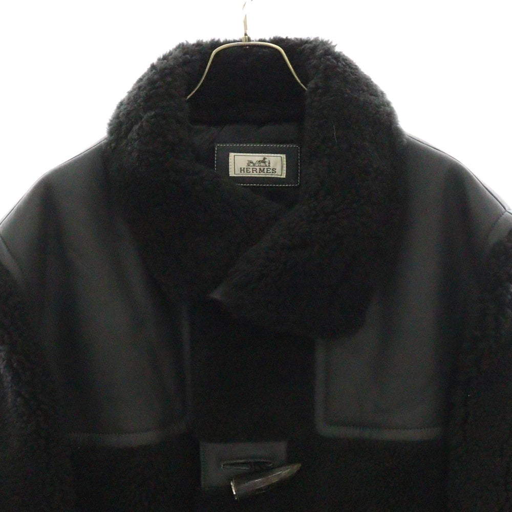 HERMES(エルメス) 23AW ジップアップ レザー ムートン ダッフルコート ブラック