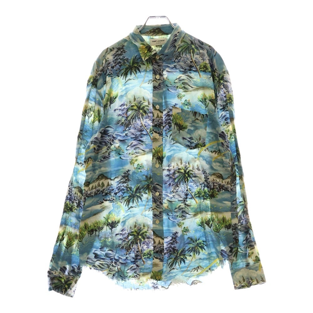 SAINT LAURENT PARIS(サンローランパリ) 16SS レーヨンアロハダメージ加工長袖シャツ ブルー 411620 Y934L