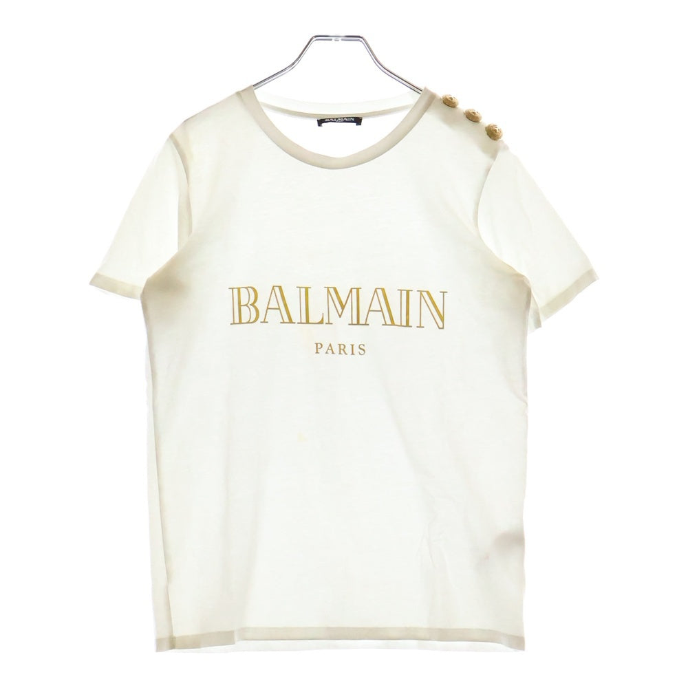 BALMAIN(バルマン) ショルダーボタン装飾 ロゴプリント クルーネック 半袖Tシャツカットソー ホワイト 108564 326I レディース