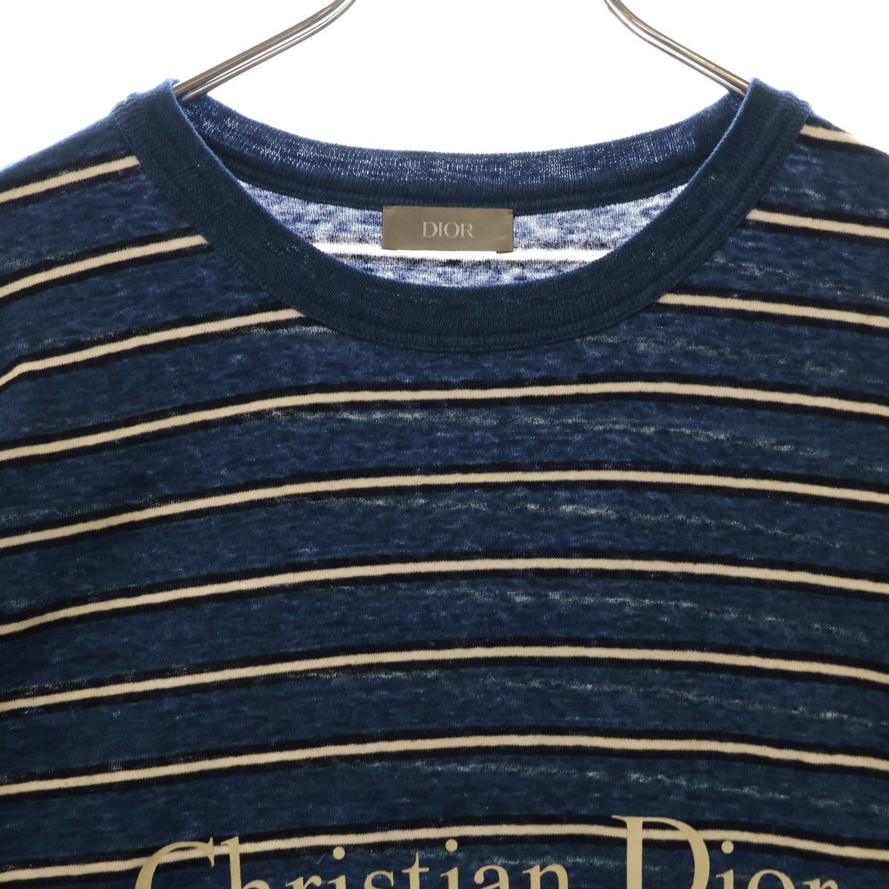 DIOR(ディオール) フロント ロゴプリント ボーダー クルーネック 半袖Tシャツ カットソー ブルー 493J671B0938