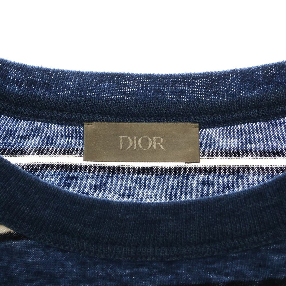 DIOR(ディオール) フロント ロゴプリント ボーダー クルーネック 半袖Tシャツ カットソー ブルー 493J671B0938