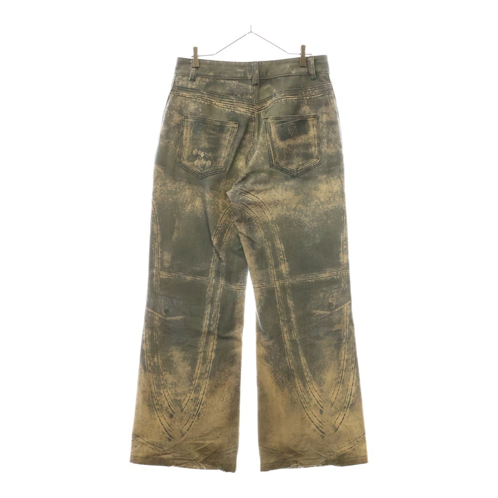 NO/FAITH STUDIOS(ノーフェイスストゥディオス) PRINTED DENIM BEI USED LOOK PRINTED プリント フレア デニム パンツ ブルー