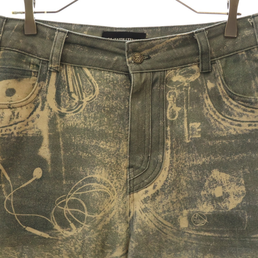 NO/FAITH STUDIOS(ノーフェイスストゥディオス) PRINTED DENIM BEI USED LOOK PRINTED プリント フレア デニム パンツ ブルー