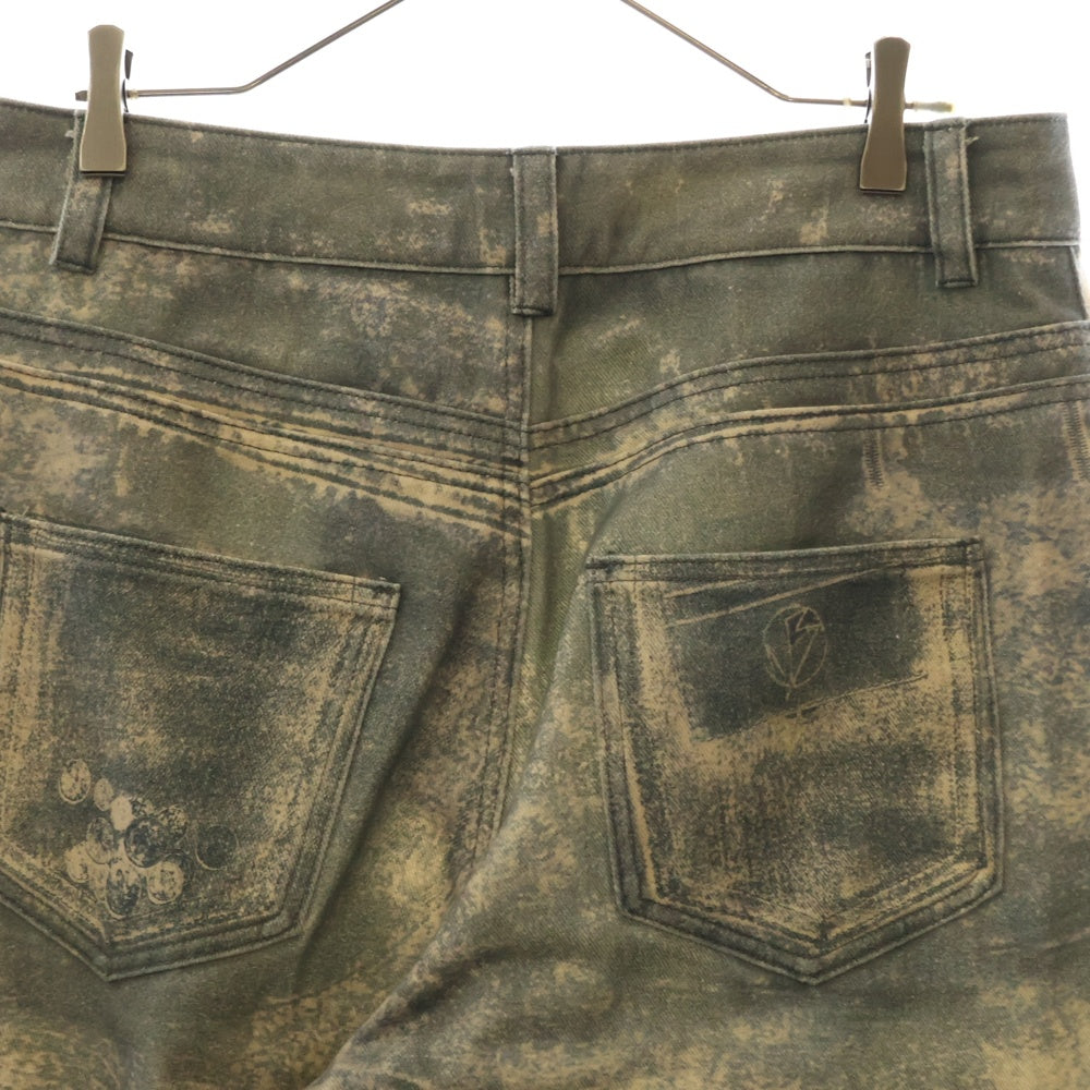 NO/FAITH STUDIOS(ノーフェイスストゥディオス) PRINTED DENIM BEI USED LOOK PRINTED プリント フレア デニム パンツ ブルー