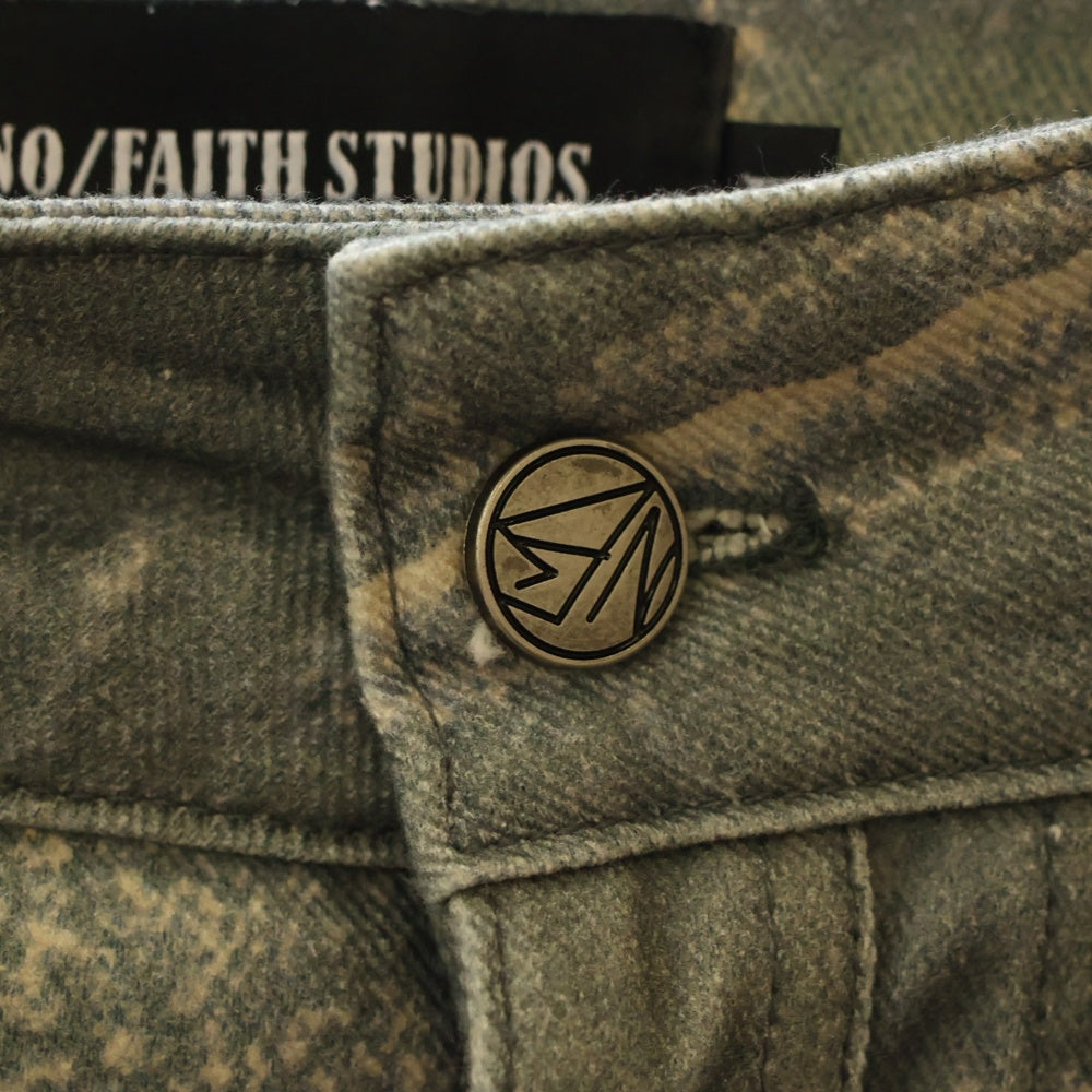 NO/FAITH STUDIOS(ノーフェイスストゥディオス) PRINTED DENIM BEI USED LOOK PRINTED プリント フレア デニム パンツ ブルー