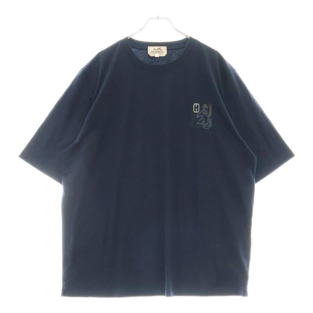 HERMES(エルメス) レザー ロゴパッチ クルーネック 半袖Tシャツ カットソー ネイビー