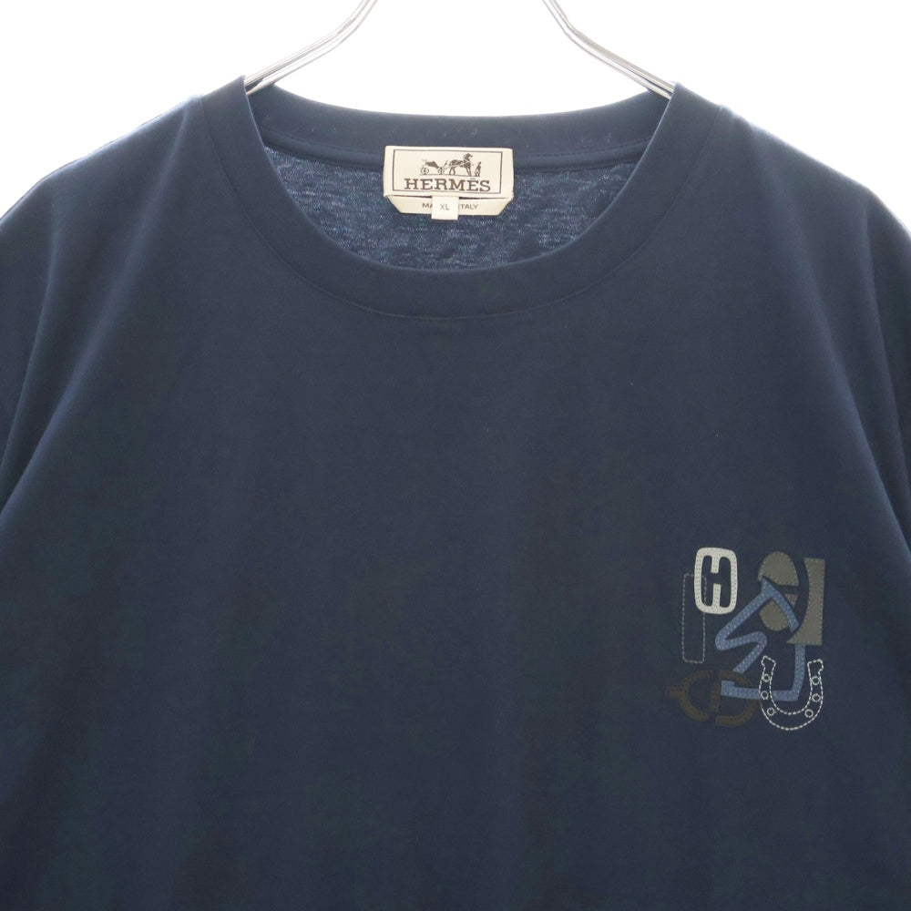 HERMES(エルメス) レザー ロゴパッチ クルーネック 半袖Tシャツ カットソー ネイビー