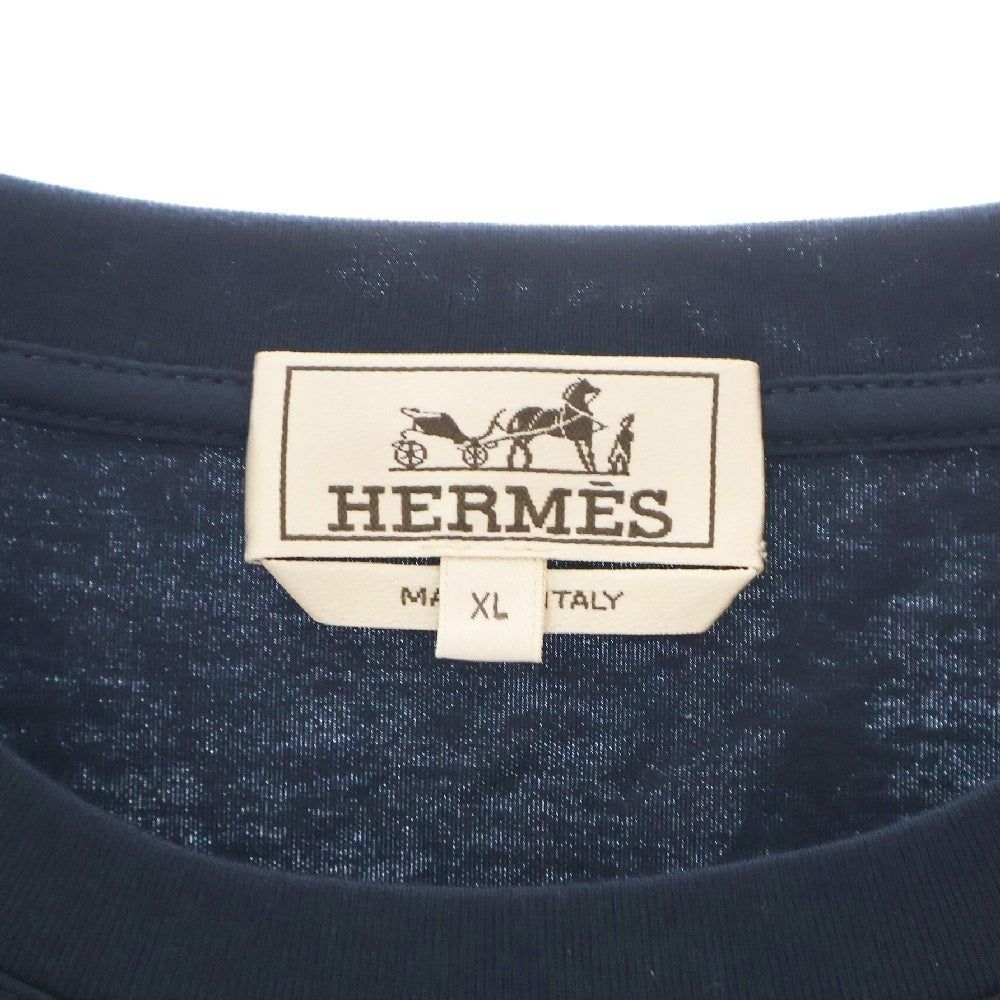 HERMES(エルメス) レザー ロゴパッチ クルーネック 半袖Tシャツ カットソー ネイビー