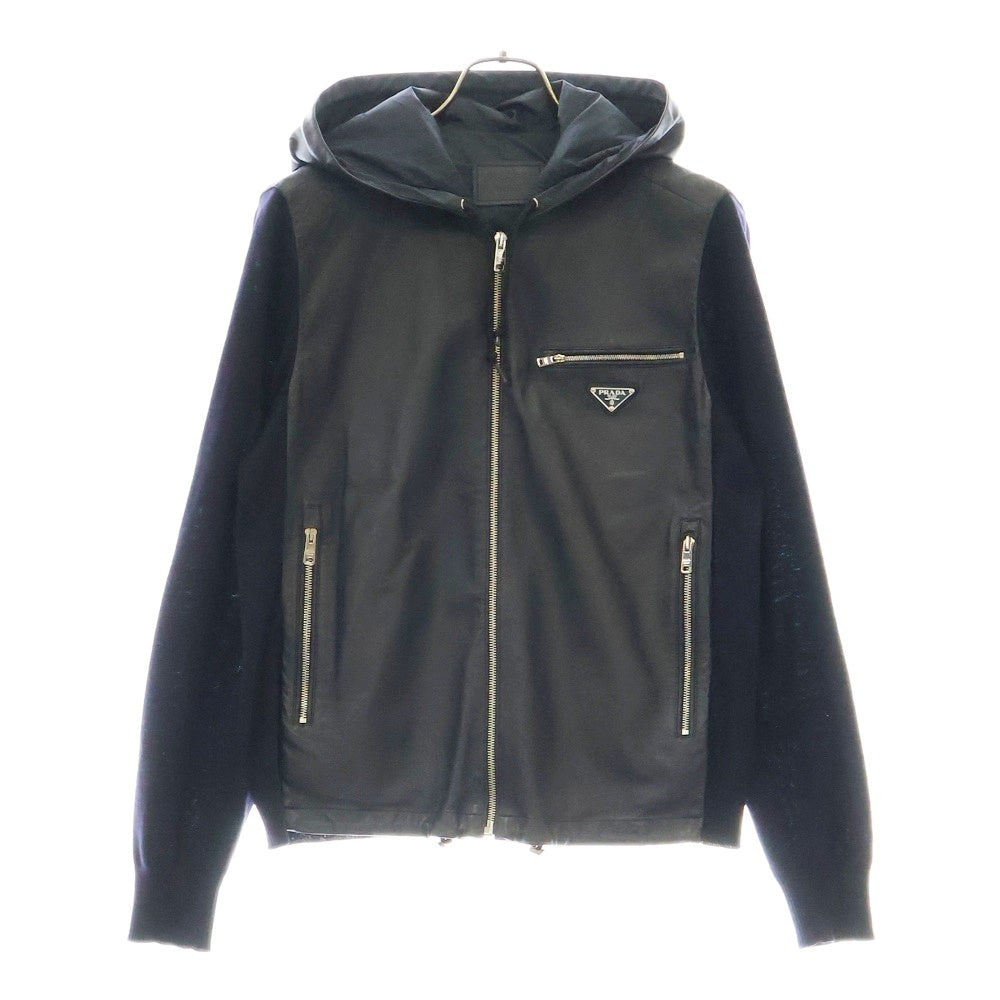 PRADA(プラダ) Lamb Leather Knit Zip Parka ラムレザー切替 袖ニット ジップアップパーカー ネイビー UPW239