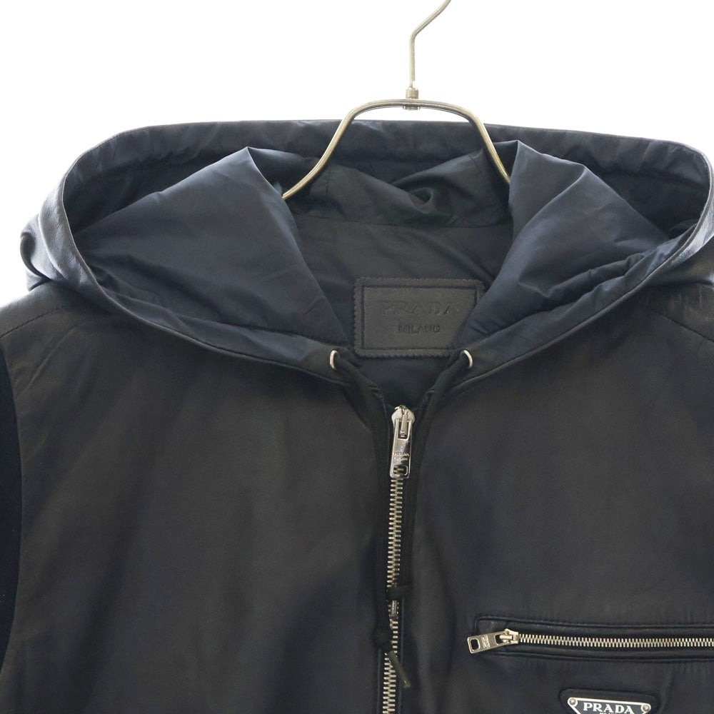 PRADA(プラダ) Lamb Leather Knit Zip Parka ラムレザー切替 袖ニット ジップアップパーカー ネイビー UPW239
