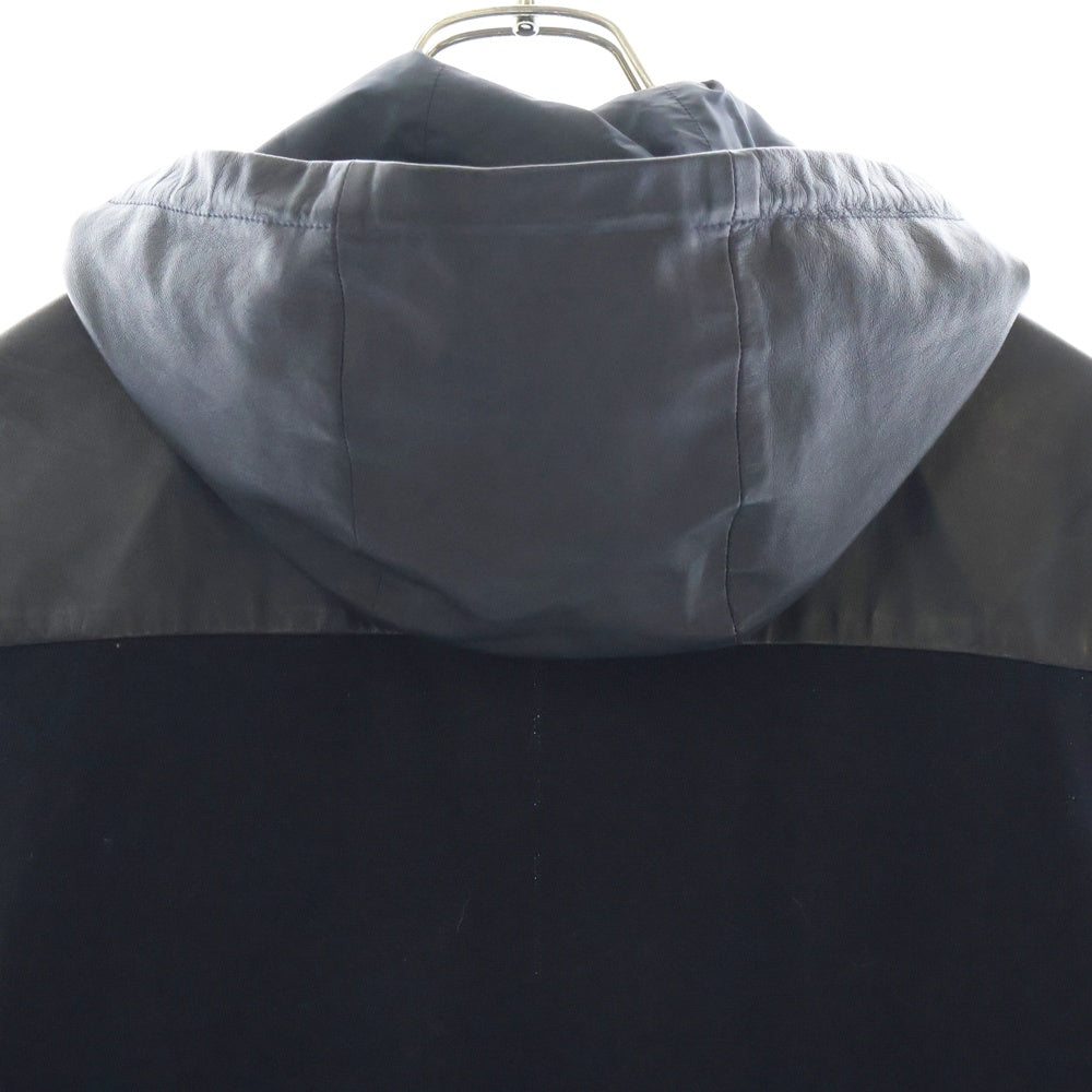 PRADA(プラダ) Lamb Leather Knit Zip Parka ラムレザー切替 袖ニット ジップアップパーカー ネイビー UPW239