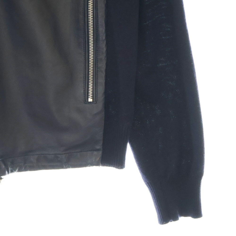PRADA(プラダ) Lamb Leather Knit Zip Parka ラムレザー切替 袖ニット ジップアップパーカー ネイビー UPW239