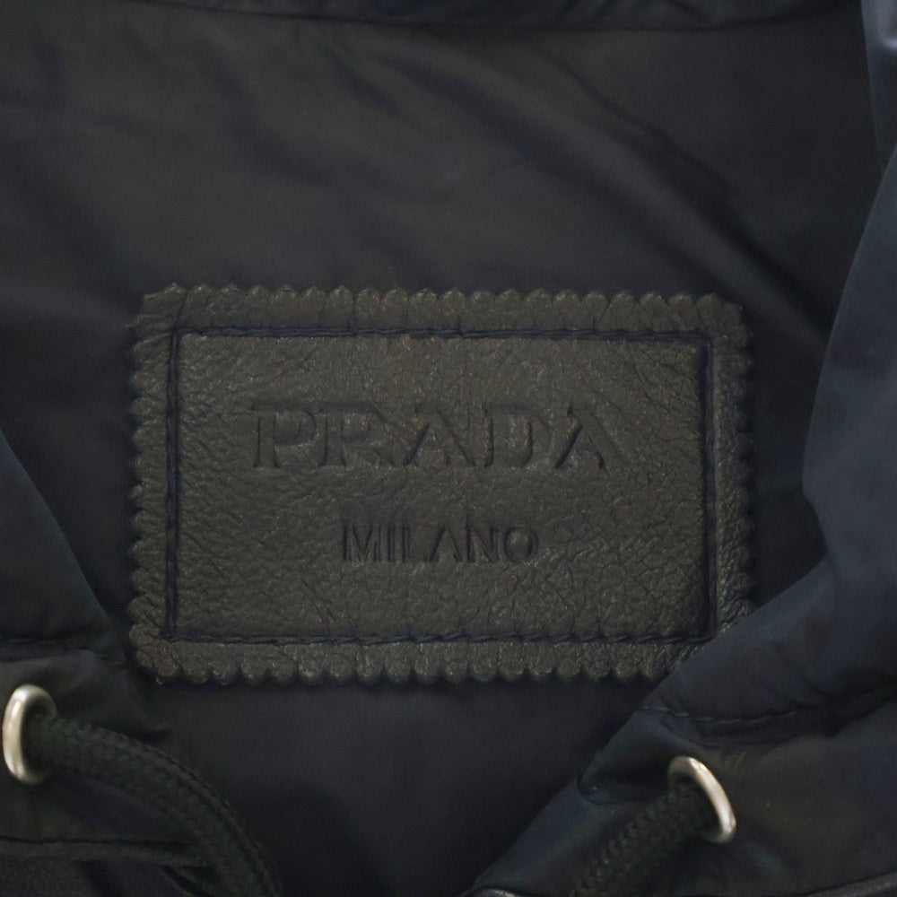 PRADA(プラダ) Lamb Leather Knit Zip Parka ラムレザー切替 袖ニット ジップアップパーカー ネイビー UPW239