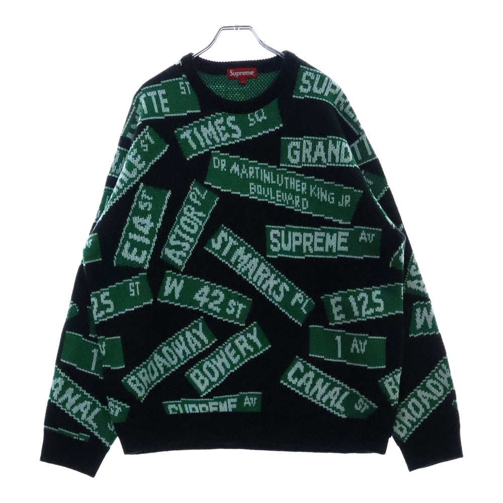 SUPREME(シュプリーム) 21SS Street Signs Sweater ストリートサイン 総柄 アクリル ニット セーター ブラック/グリーン
