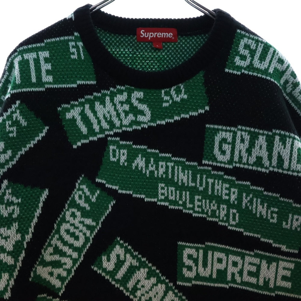 SUPREME(シュプリーム) 21SS Street Signs Sweater ストリートサイン 総柄 アクリル ニット セーター ブラック/グリーン