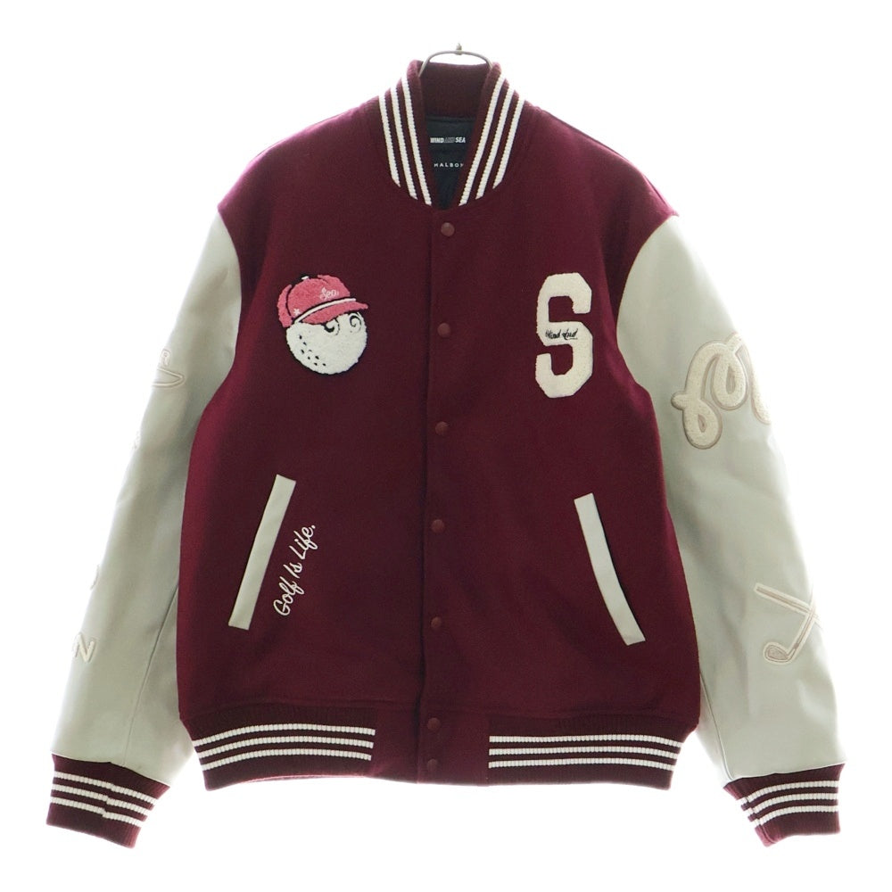 WIND AND SEA(ウィンダンシー) ×MALBON GOLF マルボンゴルフ レザー切替 バーシティ ジャケット スタジャン ブルゾン レッド WDS-C-MALB-23-Q2-01