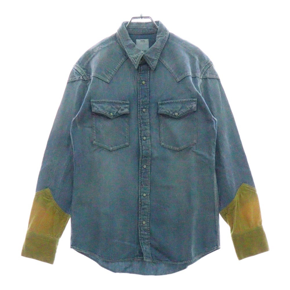 VISVIM(ヴィスヴィム) 13AW SS FOUR CORNERS SHIRT DAMAGED ベロア切替 ウエスタンデニムシャツ インディゴ/イエロー 0113205007005