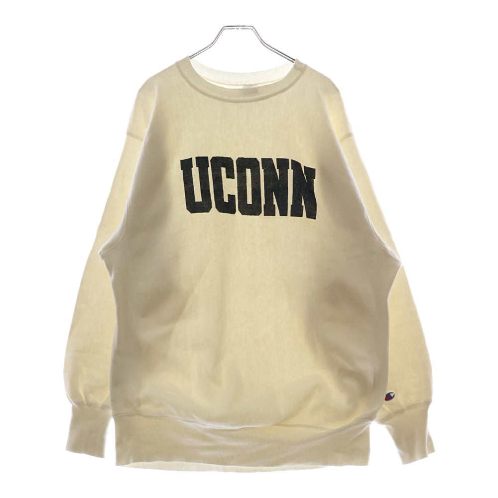 CHAMPION(チャンピオン) 90S VINTAGE REVERSE WEAVE UCONN ヴィンテージ リバース ウィーブ 刺繍タグ カレッジロゴプリント クルーネック スウェット トレーナー ホワイト