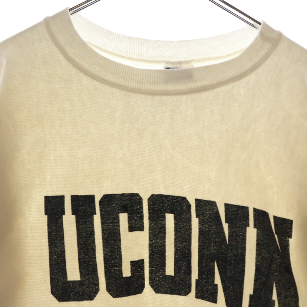 CHAMPION(チャンピオン) 90S VINTAGE REVERSE WEAVE UCONN ヴィンテージ リバース ウィーブ 刺繍タグ カレッジロゴプリント クルーネック スウェット トレーナー ホワイト