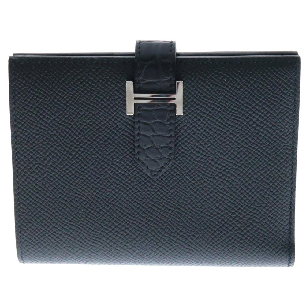 HERMES(エルメス) ベアン コンパクトタッチ ヴォーエプソン アリゲーター レザー ウォレット 二つ折り財布 ブラック B刻印 シルバー金具